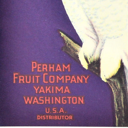 Crate Label, Snow Owl Brand Pears, Blue, Perham Fruit Co, Vintage, 1930's