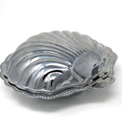 Condiment Dish, Shell Shaped Caviar Serving Dish with Glass Insert, Stainless Steel, Hinged, Vintage