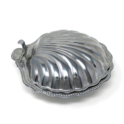 Condiment Dish, Shell Shaped Caviar Serving Dish with Glass Insert, Stainless Steel, Hinged, Vintage