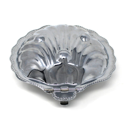 Condiment Dish, Shell Shaped Caviar Serving Dish with Glass Insert, Stainless Steel, Hinged, Vintage