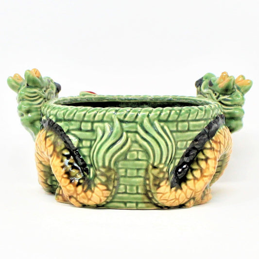 Planter, Double Dragon Oriental, Majolica-Style Ceramic, Vintage