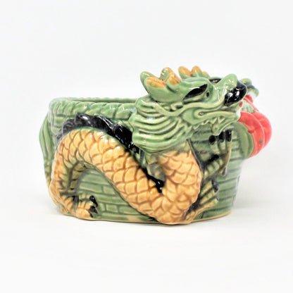 Planter, Double Dragon Oriental, Majolica-Style Ceramic, Vintage