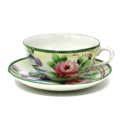 Tea Set, Teapot, 5 Teacups & Saucers, Creamer, Sugar, Pink Roses, Green Trim, Hand Painted Moriage, 13 Pcs, Vintage