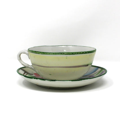 Tea Set, Teapot, 5 Teacups & Saucers, Creamer, Sugar, Pink Roses, Green Trim, Hand Painted Moriage, 13 Pcs, Vintage