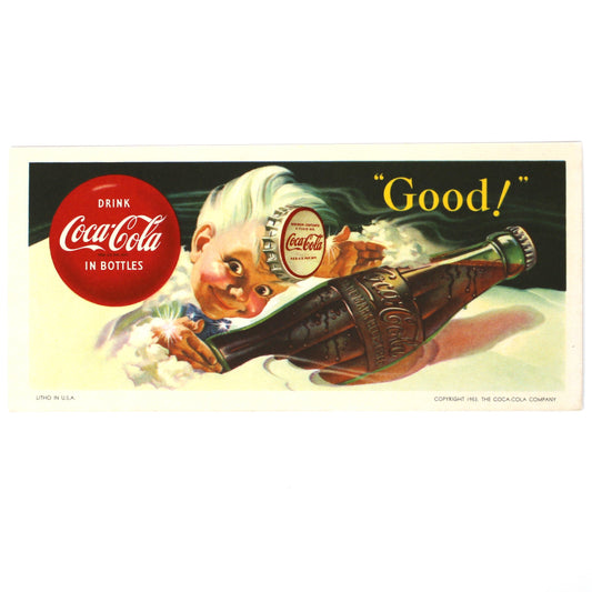 Vintage Coca-Cola advertisement  ink blotter with a Sprite Boy and Coke bottle.  Drink Coca Cola in Bottles logo on the side.  Copyright 1953