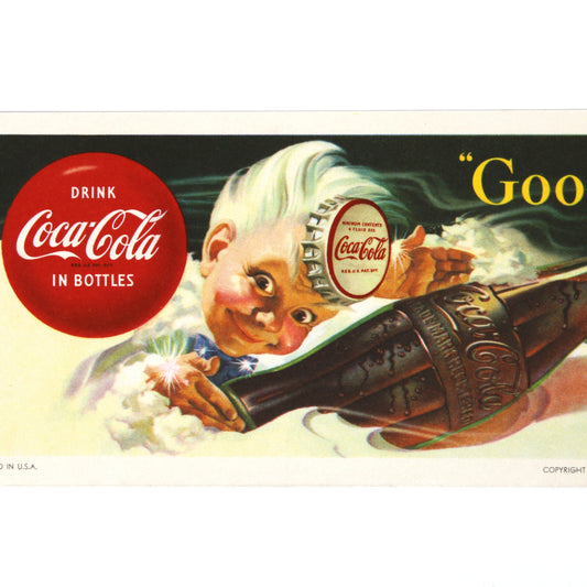 Vintage Coca-Cola advertisement with a child holding a bottle, featuring the brand's logo and text.