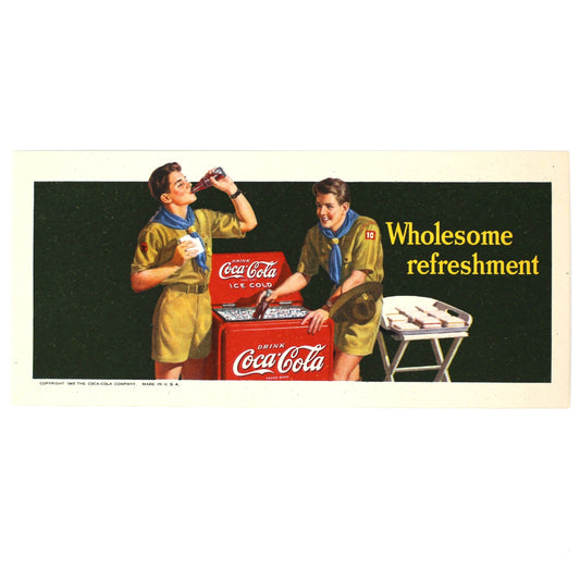 Vintage Coca-Cola advertisement ink blotter with two boy scouts drinking coke from a red coca cola cooler.  