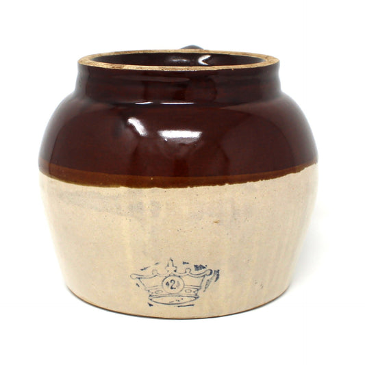 Vintage Crock / Jug / Bean Pot,  Robinson-Ransbottom, RRP #2 Pottery USA Blue Crown  Glazed Crockery, Roseville OH. Two Tone Brown & Beige. 