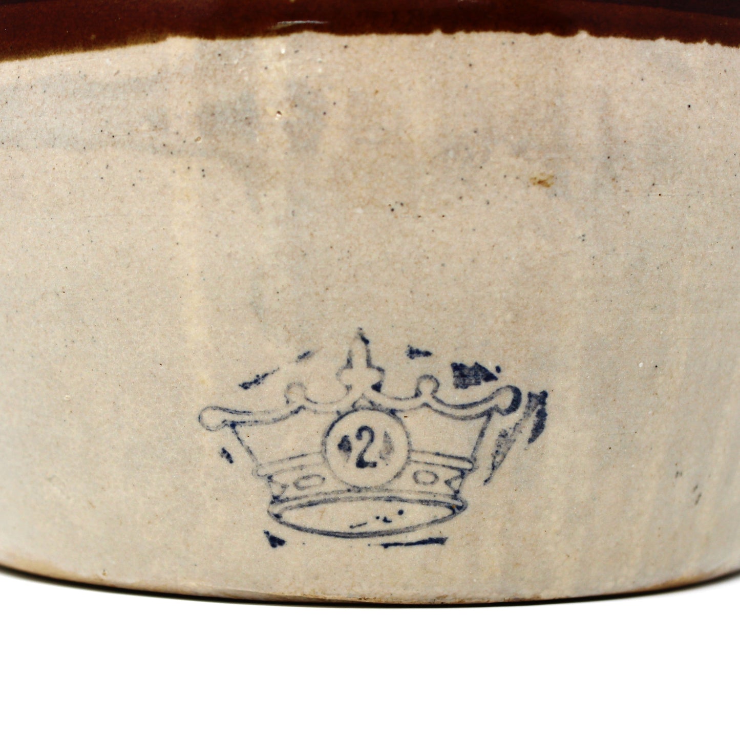 close up view of Vintage Crock / Jug / Bean Pot, Roseville Pottery USA Blue Crown Robinson-Ransbottom, RRP #2 Glazed Crockery, 