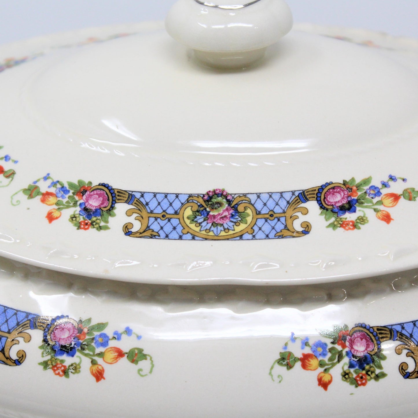 Covered Vegetable Bowl, Crooksville, Blue Trellis Floral Band, Advertising, Vintage