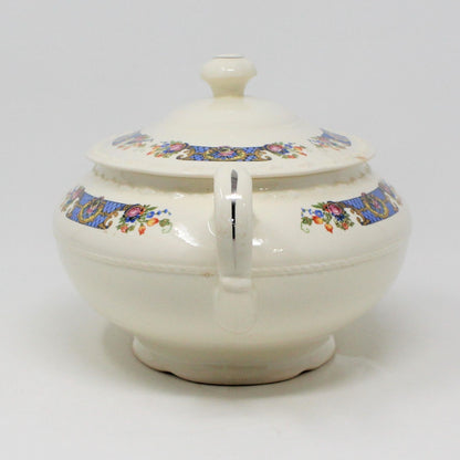 Covered Vegetable Bowl, Crooksville, Blue Trellis Floral Band, Advertising, Vintage
