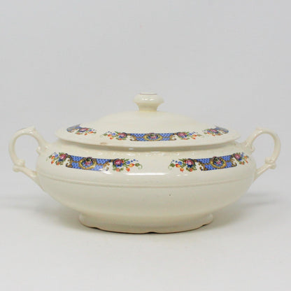Covered Vegetable Bowl, Crooksville, Blue Trellis Floral Band, Advertising, Vintage