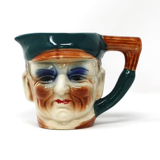 Vintage Toby Jug, Hand Painted Character Old Man's Face with Hat, Blue Shaded Eyes, Ceramic Pitcher, Made in Japan