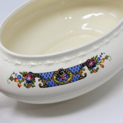 Covered Vegetable Bowl, Crooksville, Blue Trellis Floral Band, Advertising, Vintage