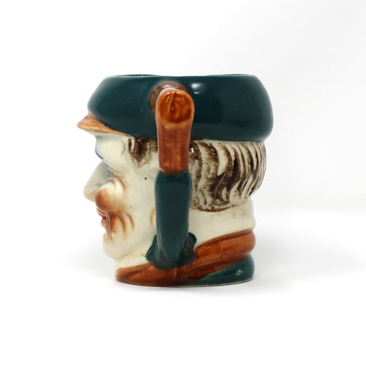 Side view of Vintage Toby Jug, Hand Painted Character Old Man's Face with Hat, Blue Shaded Eyes, Japan Ceramic Pitcher