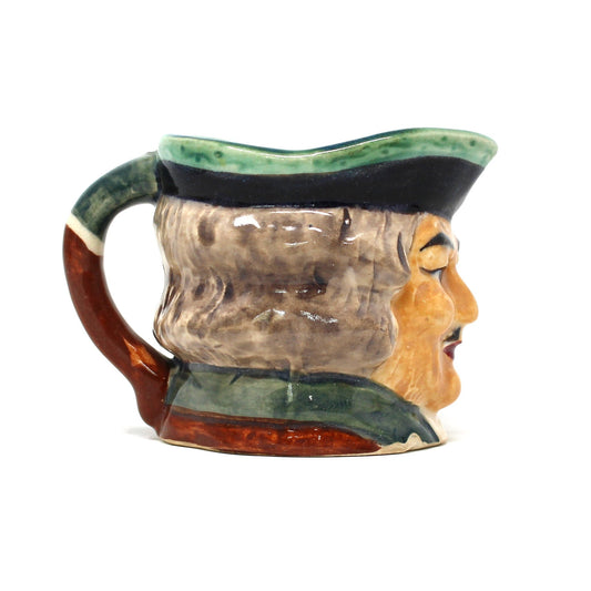 Side view of Vintage Toby Jug, Hand Painted Character Face Colonial Man with Mustache, Ceramic Pitcher