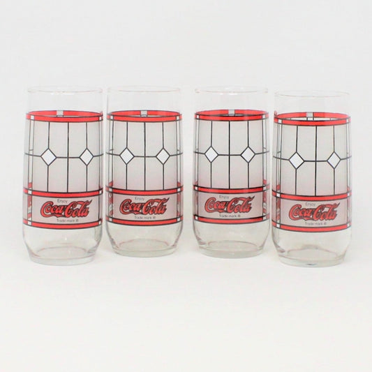 Coca Cola Glass, Frosted Stained Glass, Tiffany Style, Set of 4, Vintage