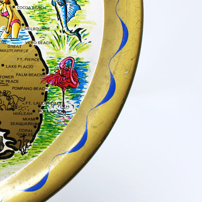 Tray, Metal Tray, Florida Map Souvenir, State Flower Orange Blossom, Round, Vintage