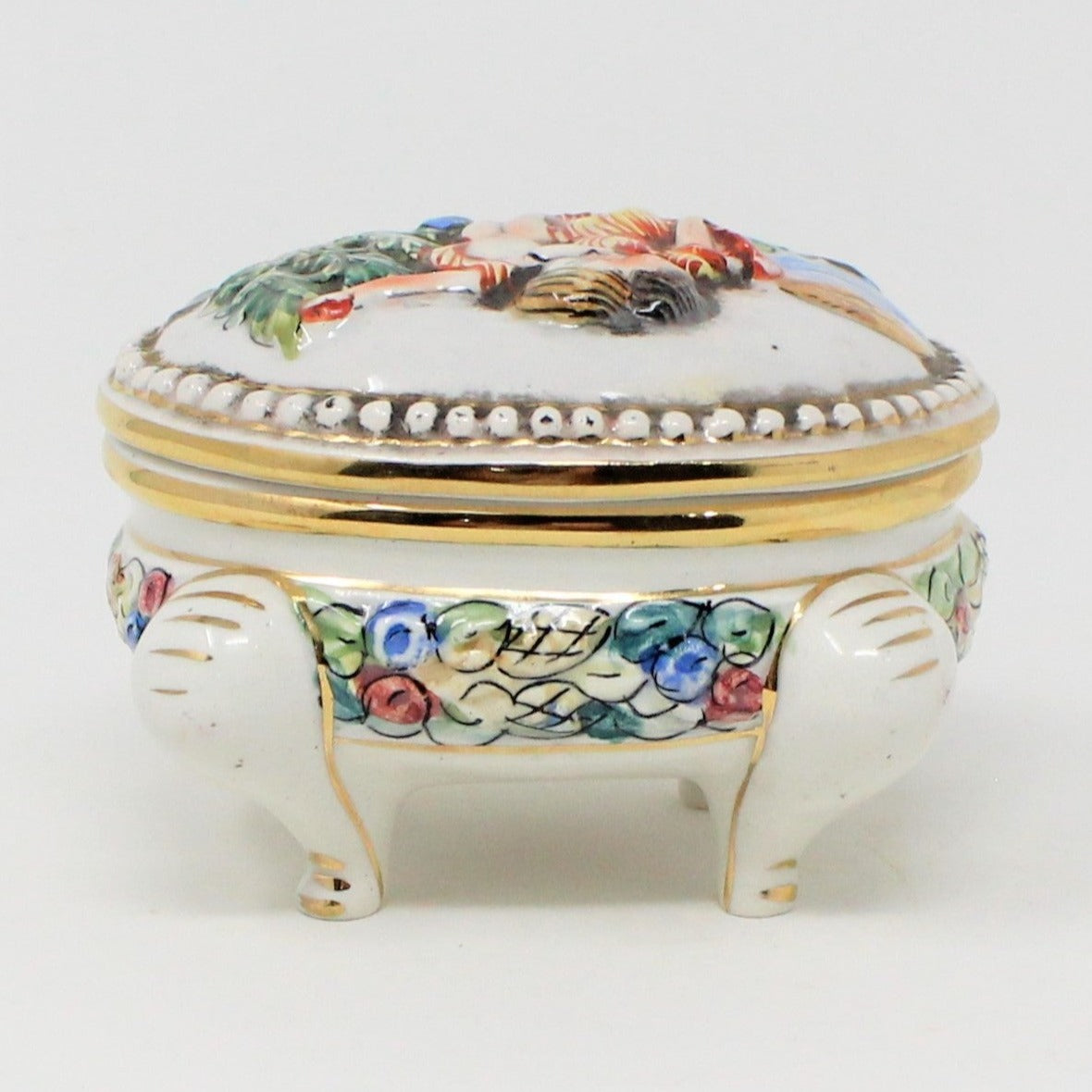 Trinket Box, Capodimonte Style, Hand Painted & Footed, Numbered, Vintage Italy