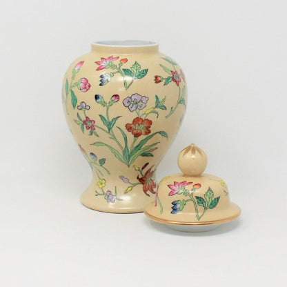 Ginger Jar / Temple Jar, Hand Painted Enamel Floral Design, Porcelain, Vintage Hong Kong