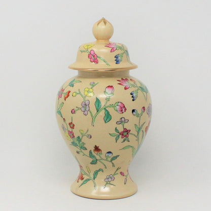 Ginger Jar / Temple Jar, Hand Painted Enamel Floral Design, Porcelain, Vintage Hong Kong