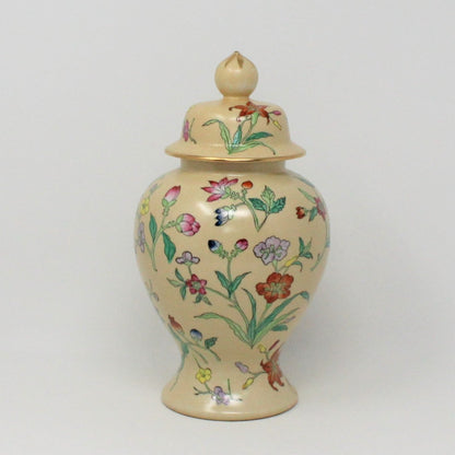 Ginger Jar / Temple Jar, Hand Painted Enamel Floral Design, Porcelain, Vintage Hong Kong