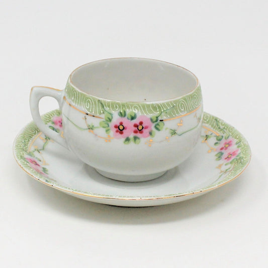 Teacup and Saucer, Nippon, Pink and Green Floral, Hand Painted Moriage, Antique