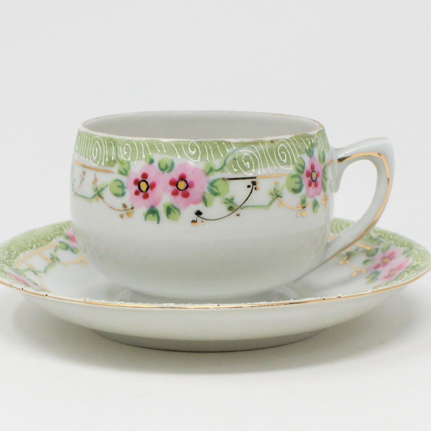 Teacup and Saucer, Nippon, Pink and Green Floral, Hand Painted Moriage, Antique