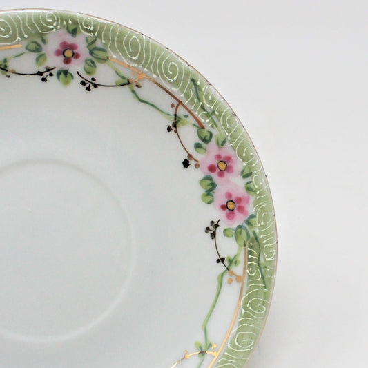 Teacup and Saucer, Nippon, Pink and Green Floral, Hand Painted Moriage, Antique