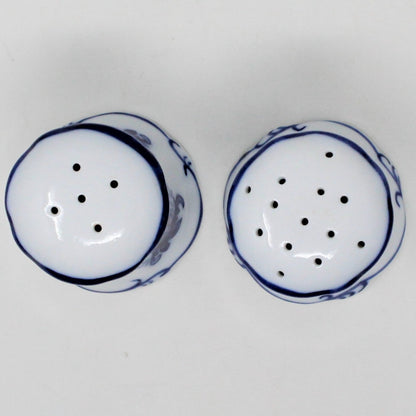 Salt and Pepper Shakers, Cracker Barrel, Blue and White, Flow Blue Style Porcelain, SOLD