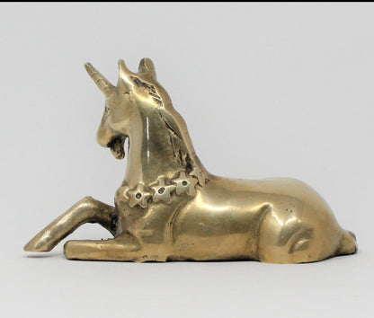 Figurine, Brass Unicorn with Stars Wreath, Laying / Sitting, Vintage