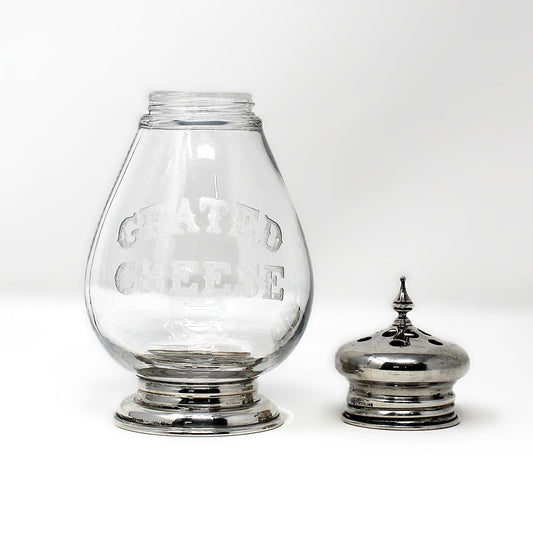 Shaker, Frank Whiting, Grated Cheese Shaker / Dispenser, Etched Glass & Sterling Silver Holloware, Antique