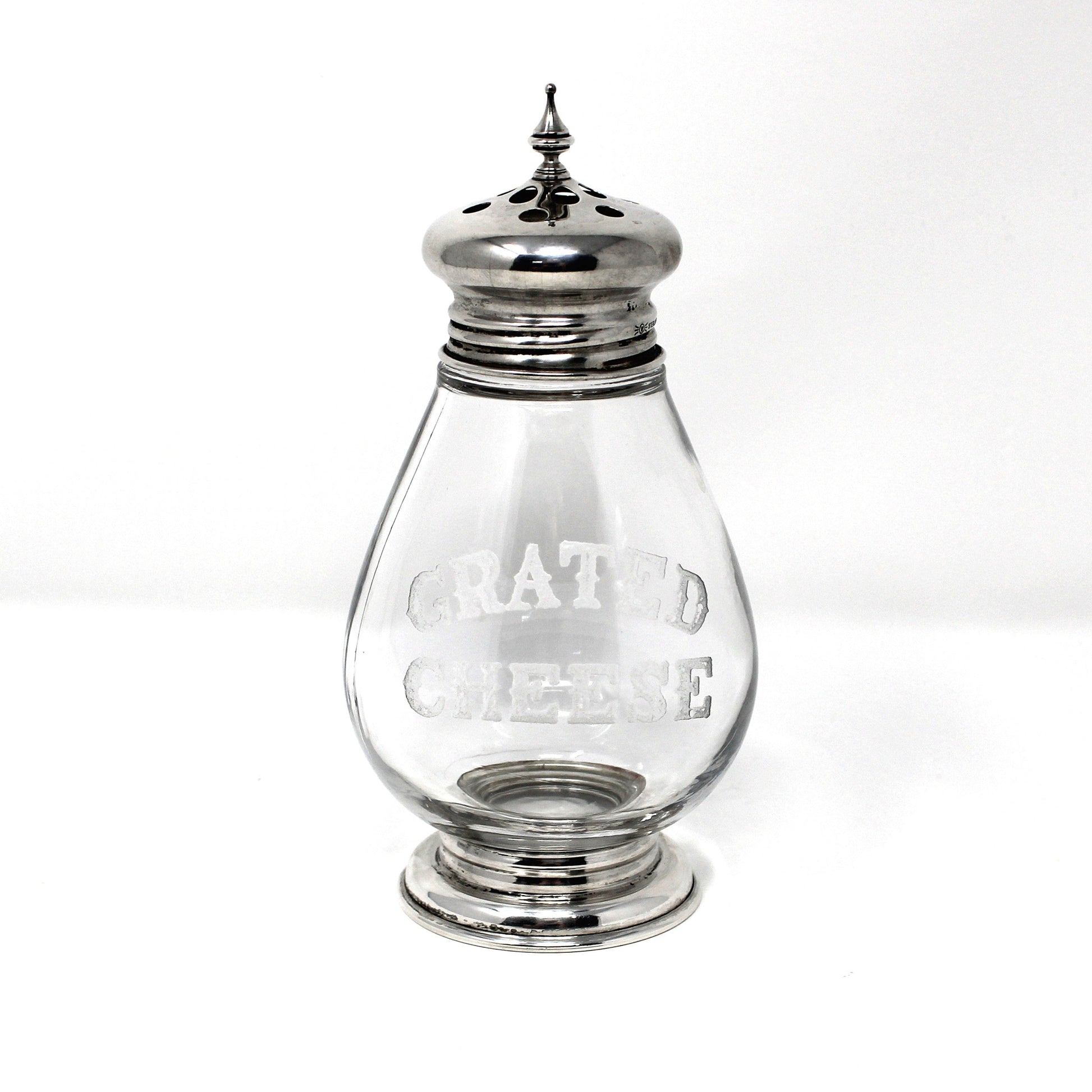 Antique Grated Cheese dispenser.  Sterling Silver and Glass with etched letters by F. M. Whiting & Co