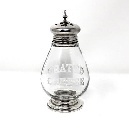 Antique Grated Cheese dispenser.  Sterling Silver and Glass with etched letters by F. M. Whiting & Co