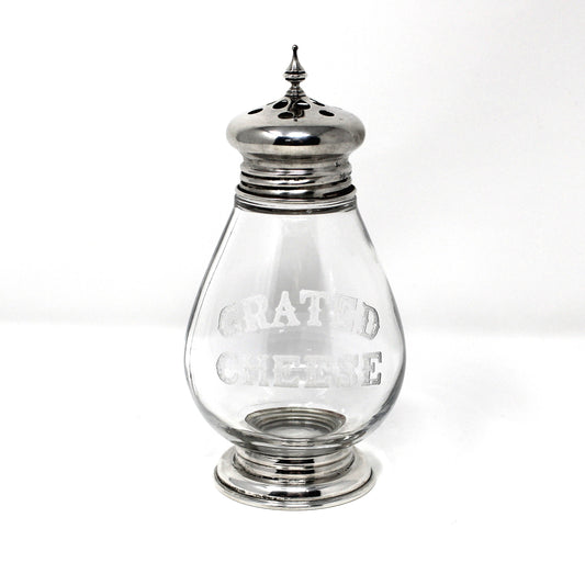 Antique Grated Cheese dispenser.  Sterling Silver and Glass with etched letters by F. M. Whiting & Co
