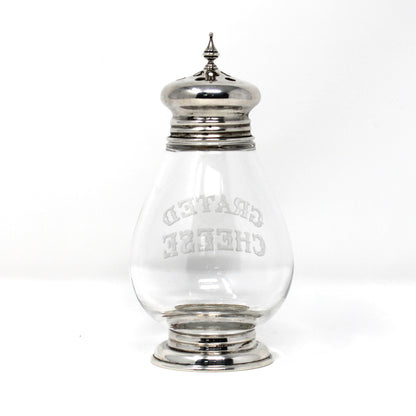 Shaker, Frank Whiting, Grated Cheese Shaker / Dispenser, Etched Glass & Sterling Silver Holloware, Antique
