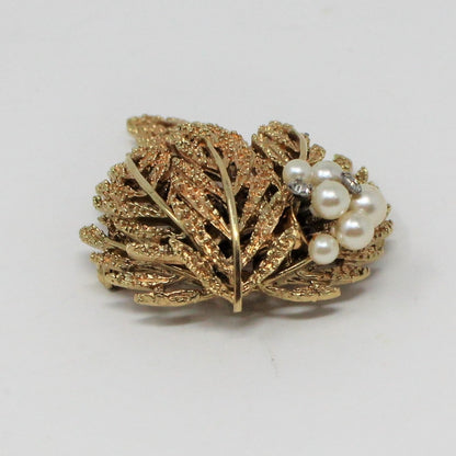 Brooch / Pin, Willow Tree Leaves, Faux Pearls and Rhinestones, Gold Tone, Vintage