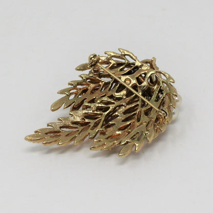 Brooch / Pin, Willow Tree Leaves, Faux Pearls and Rhinestones, Gold Tone, Vintage