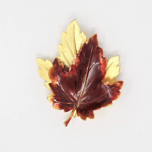 Pin / Brooch, Maple / Oak Leaves, Enamel with Gold Tone, Fall / Autumn, Vintage