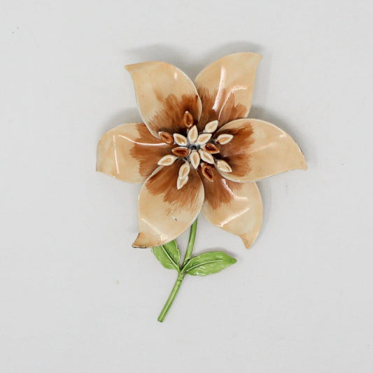 Pin / Brooch, Enamel Flower with Stem, Beige & Brown, Vintage