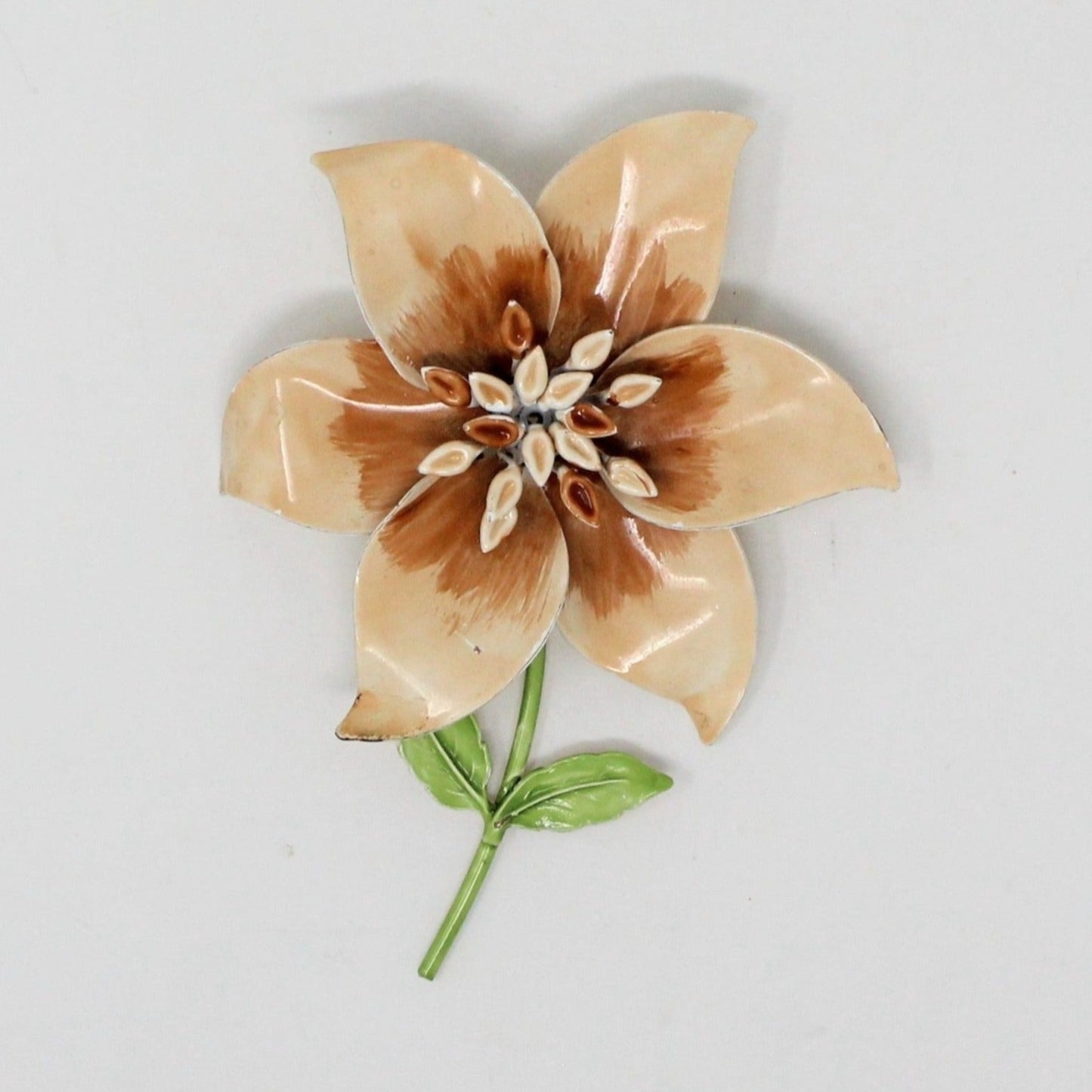 Brooch / Pin, Enamel Flower with Stem, Beige & Brown, Vintage