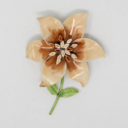 Brooch / Pin, Enamel Flower with Stem, Beige & Brown, Vintage