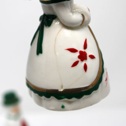 Figurine / Bells, Victorian Couple, Boy & Girl Christmas Bells, Red & Green Porcelain, Hand Painted, Vintage Set of 2