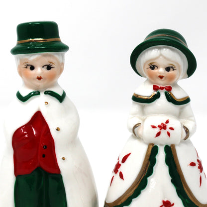 Figurine / Bells, Victorian Couple, Boy & Girl Christmas Bells, Red & Green Porcelain, Hand Painted, Vintage Set of 2