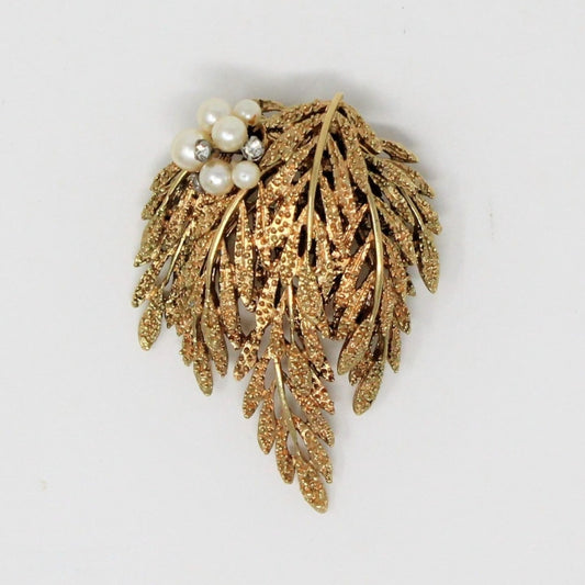 Pin / Brooch, Willow Tree Leaves, Faux Pearls and Rhinestones, Gold Tone, Vintage