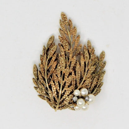 Brooch / Pin, Willow Tree Leaves, Faux Pearls and Rhinestones, Gold Tone, Vintage