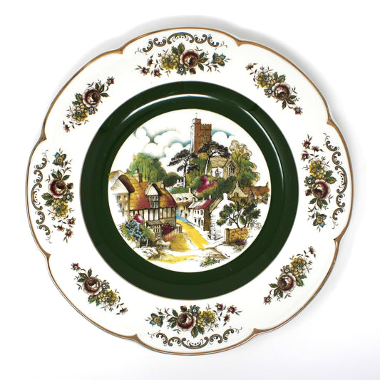 Vintage Service Plate / Charger / Wall Plate, Ascot Village Scene with Castle Tower, Transferware, English Ironstone, by Wood and Sons