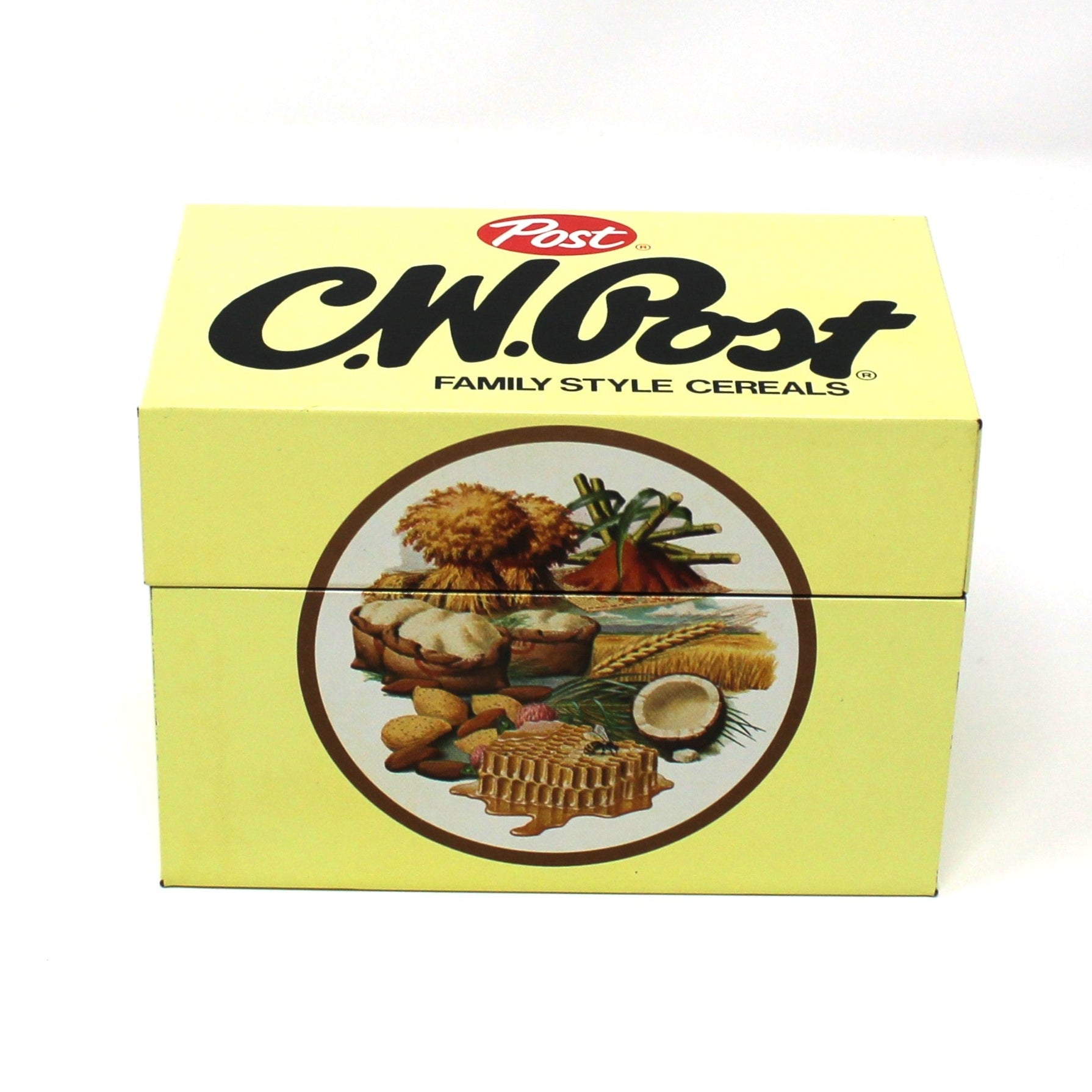 Vintage recipe box.  CW Post cereal promotional item, collectible yellow hinged box with logo 