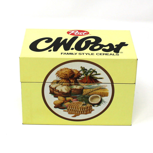 Vintage recipe box.  CW Post cereal promotional item, collectible yellow hinged box with logo 