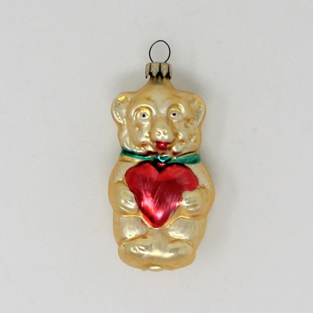 Ornament, Whitehurst, Figural Bear with Heart, Gold and Red, Vintage Germany